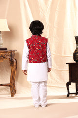Red Floral Print Jacket with White Kurta Set