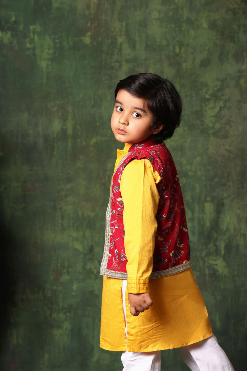 Red Floral Print Jacket With Mustard Kurta Set