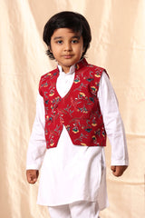 Red Floral Print Jacket with White Kurta Set