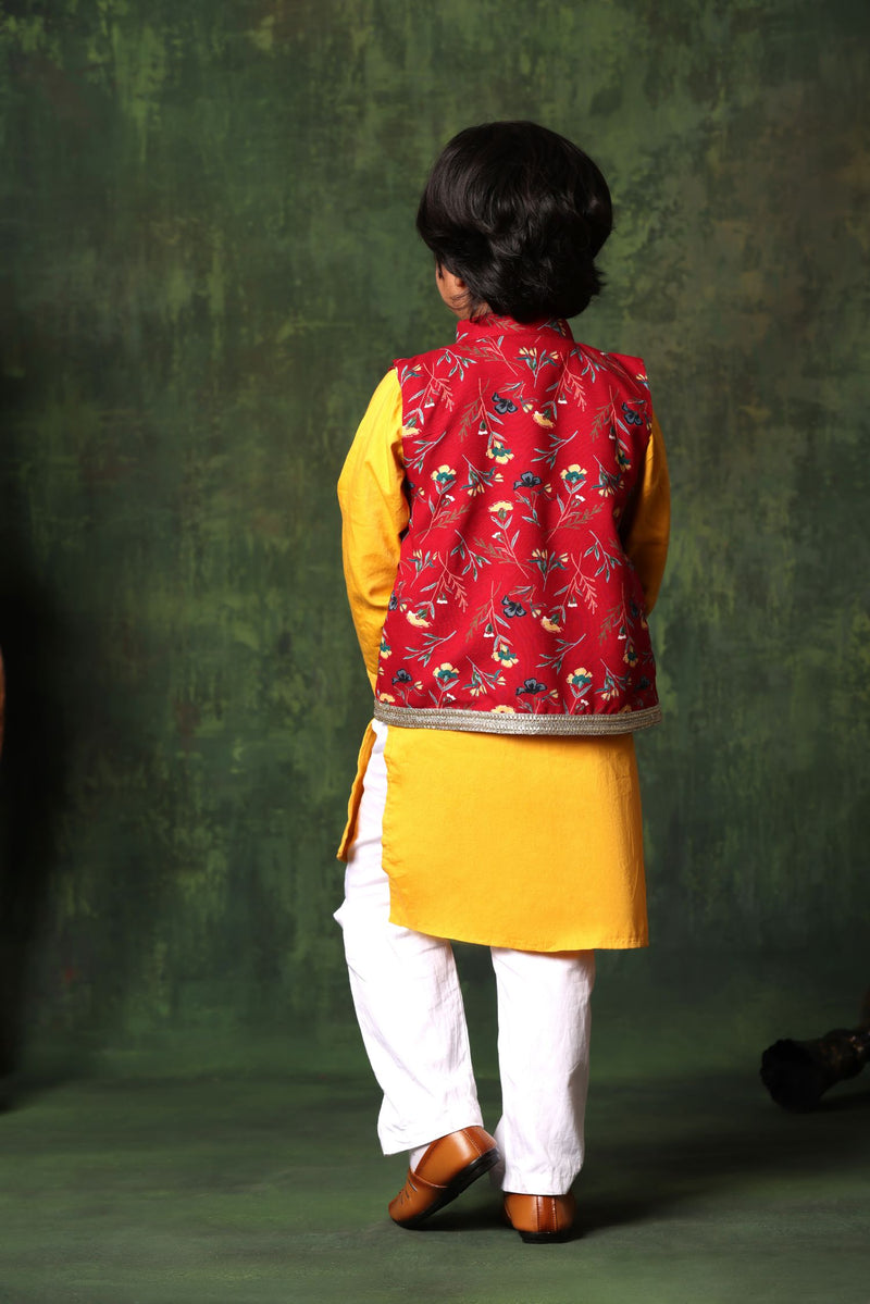 Red Floral Print Jacket With Mustard Kurta Set