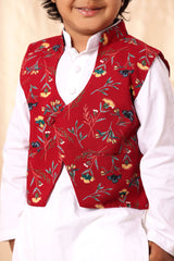 Red Floral Print Jacket with White Kurta Set