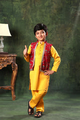 Red Printed Jacket With Mustard Kurta Set