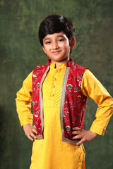 Red Printed Jacket With Mustard Kurta Set