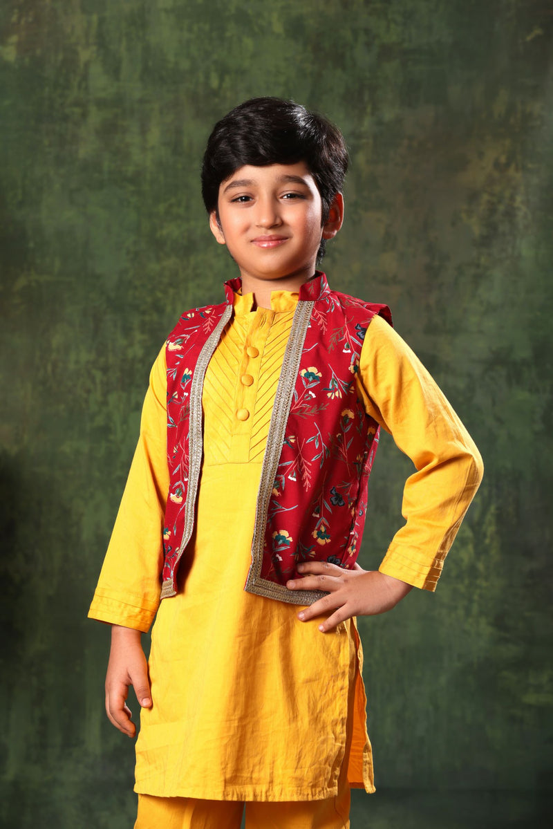 Red Printed Jacket With Mustard Kurta Set