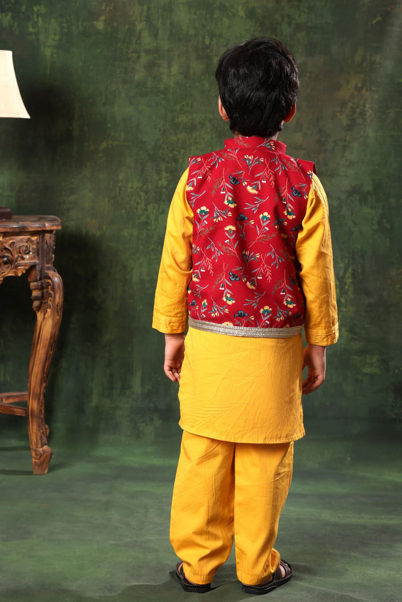 Red Printed Jacket With Mustard Kurta Set