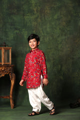 Red Floral Print Pathani Kurta with Salwar