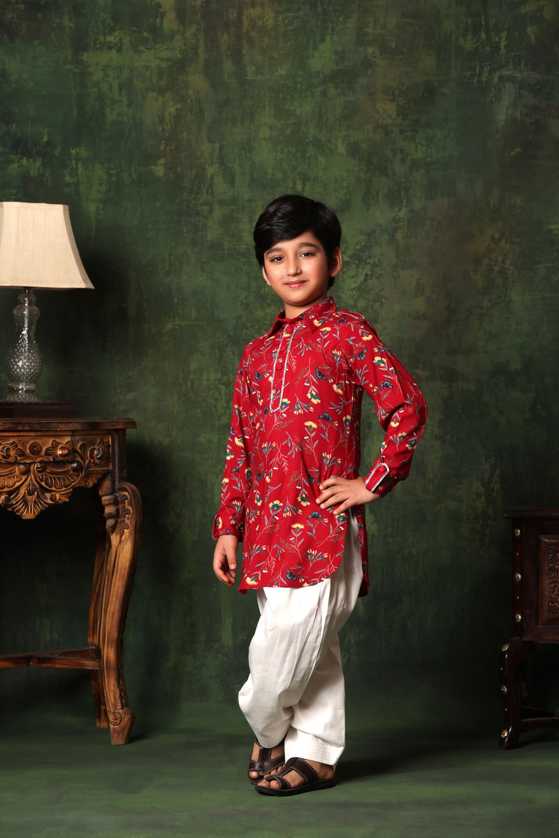 Red Floral Print Pathani Kurta with Salwar