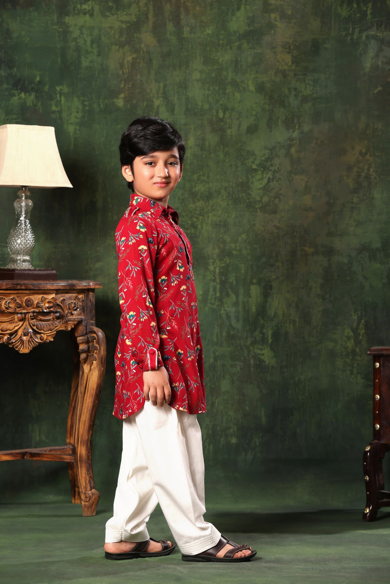 Red Floral Print Pathani Kurta with Salwar