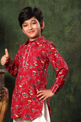 Red Floral Print Pathani Kurta with Salwar