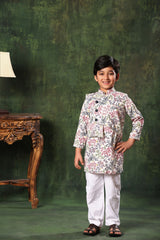 White Floral Printed Jacket with Kurta Set