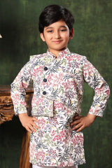 White Floral Printed Jacket with Kurta Set