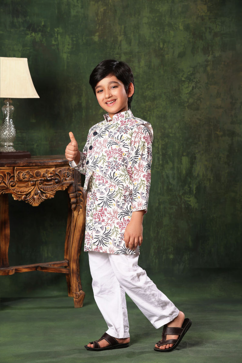 White Floral Printed Jacket with Kurta Set