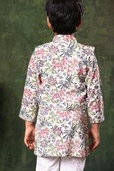 White Floral Printed Jacket with Kurta Set
