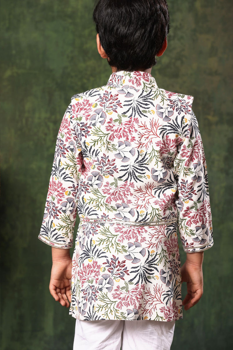 White Floral Printed Jacket with Kurta Set