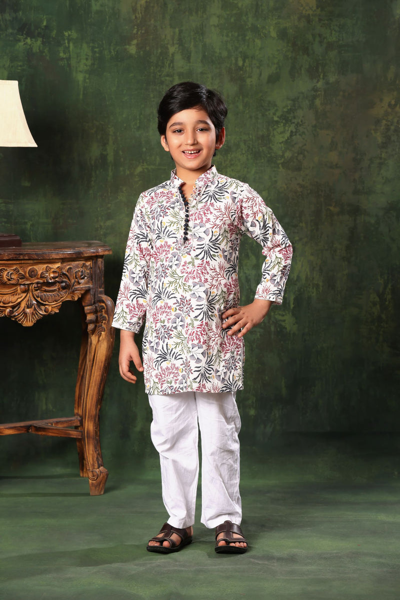 White Floral Print Kurta with Pyjama Set