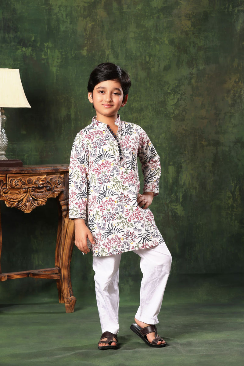 White Floral Print Kurta with Pyjama Set