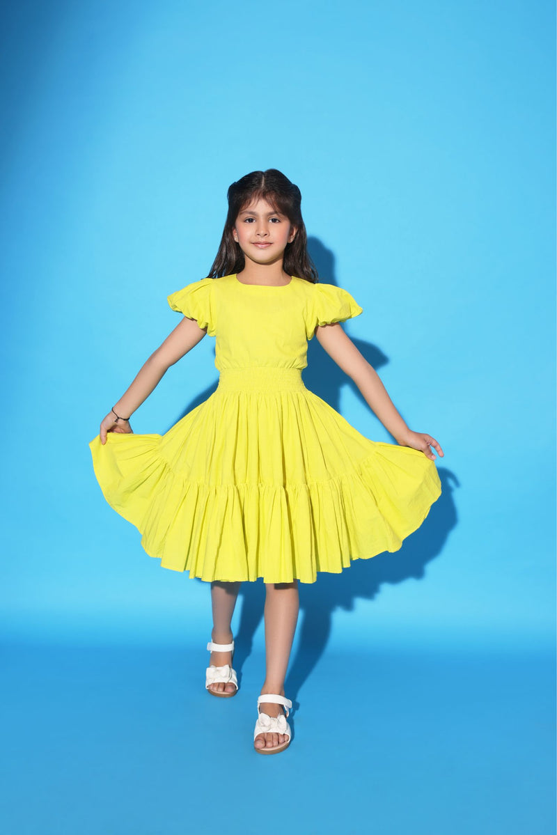 YELLOW TWO TIERED PUFF SLEEVES DRESS
