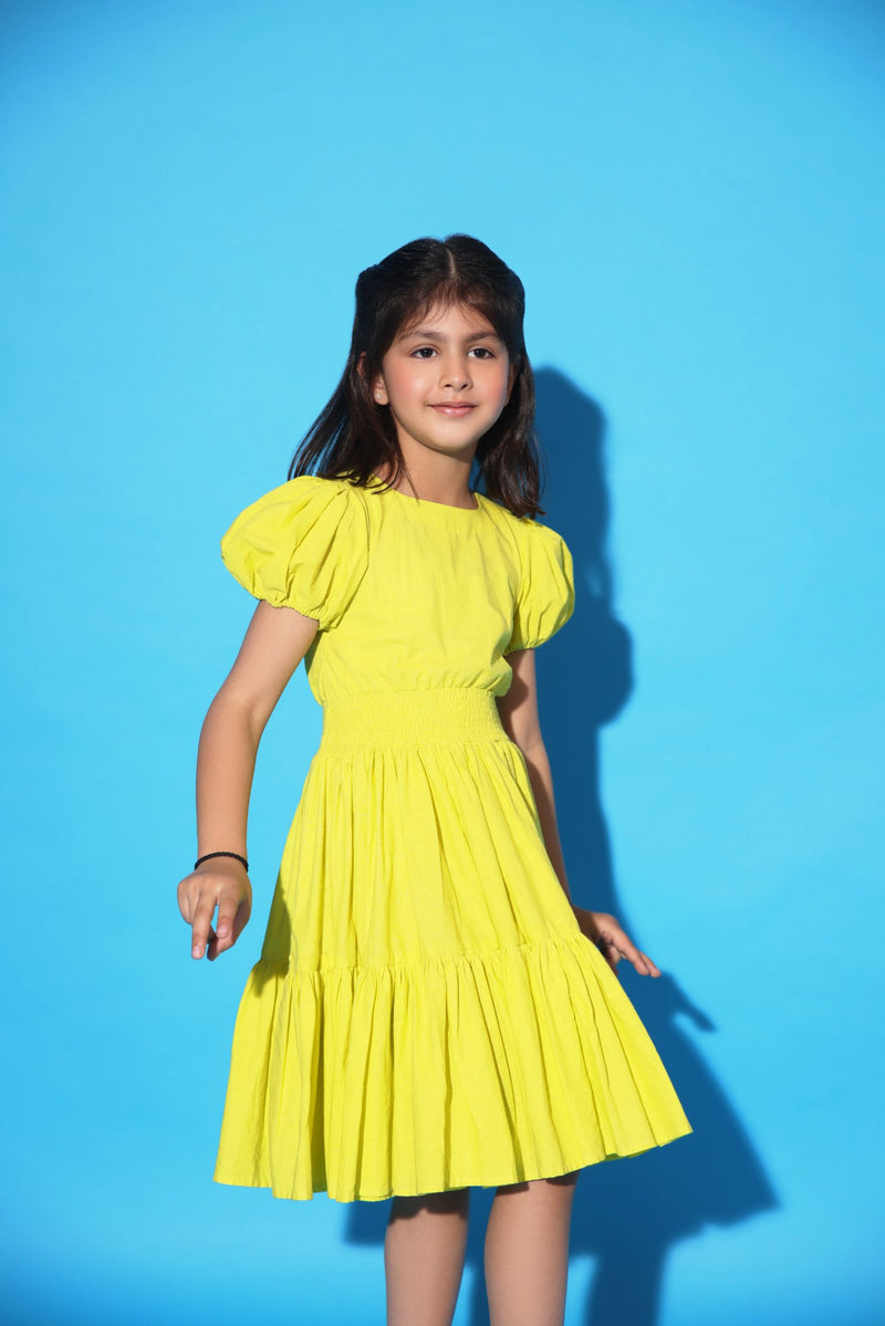 YELLOW TWO TIERED PUFF SLEEVES DRESS